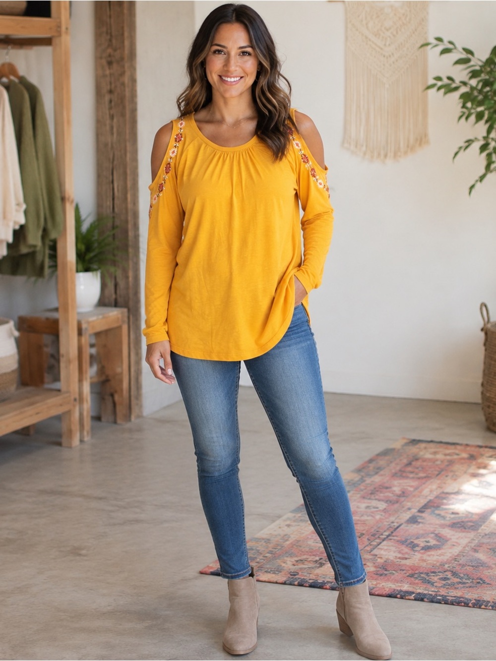 LOFT Embroidered Cold Shoulder Top Marigold Orange Size Medium NWT